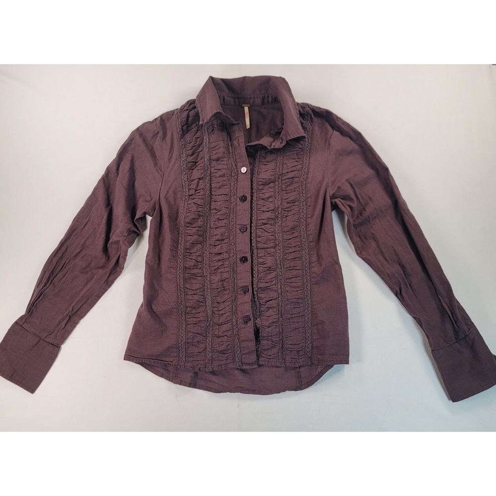 Free People Womens XS Brown Ruffle Lace Button Down Shirt Boho Prairie Cotton